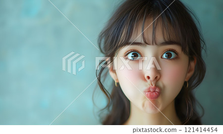 Young woman making a funny face with her mouth pursed 121414454