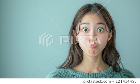 一個年輕女子嘟著嘴做鬼臉 一個年輕女子嘟著嘴做鬼臉 121414455