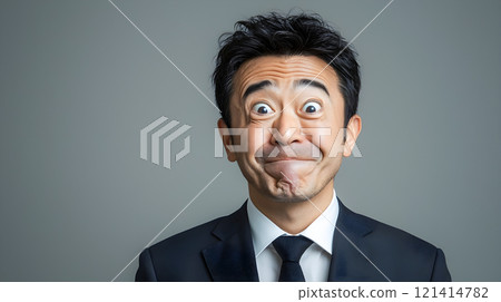 一個穿著西裝的中年男子做鬼臉 一個穿著西裝的中年男子做鬼臉 121414782