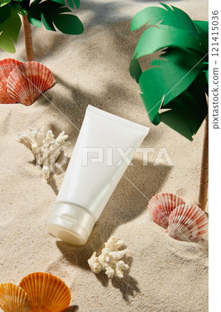 Mockup for sunblock show by unlabeled white tube placed on a simulated sandy beach background adorned with seashells, corals, and paper palm trees. Template image for sunscreen promotion. 121415036