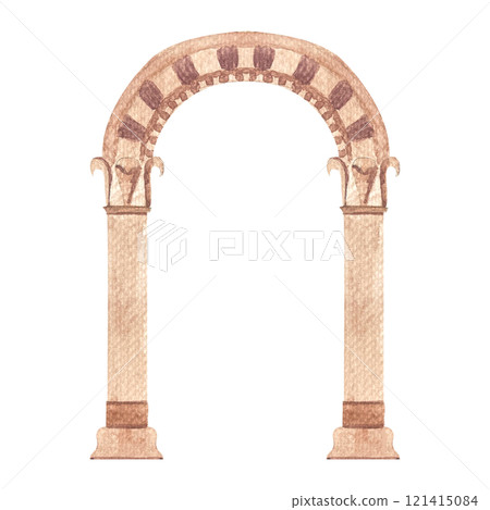 Stone greek ancient classic arch on white background. High quality architecture watercolor illustration for cards, posters, stickers, decor and design. Decorative residence image in beige color Stone greek ancient classic arch on white background. High quality architecture watercolor illustration for cards, posters, stickers, decor and design. Decorative residence image in beige color 121415084