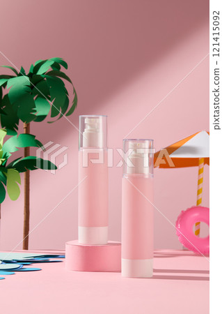 Mockup of sunscreen product shows two pink pump bottles, one on a pink cylindrical platform, set against a pink background, with a summer beach theme featuring some miniature paper cut-outs. Mockup of sunscreen product shows two pink pump bottles, one on a pink cylindrical platform, set against a pink background, with a summer beach theme featuring some miniature paper cut-outs. 121415092