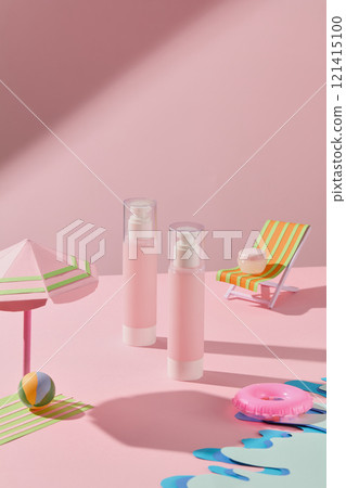 The beach theme shows two pink pump bottles, arranged on a pink background. Surrounding the bottles are miniature paper cutout beach elements. Suitable for a promotional image for sunscreen. 121415100