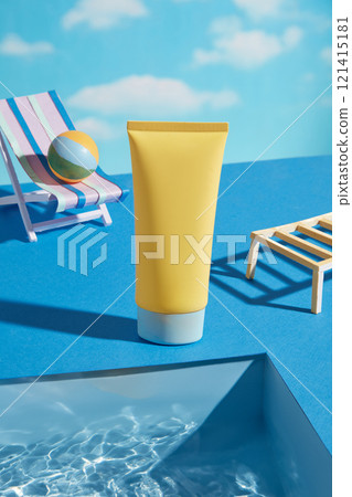 Advertisements for sunscreen products showing a paper miniature pool idea. Close-up of a yellow tube mockup on a blue surface, a chair, and a shelf against a backdrop of a summer sky. 121415181