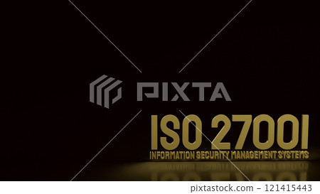 The Gold iso 27001 and gear on Black background 3d rendering. 121415443