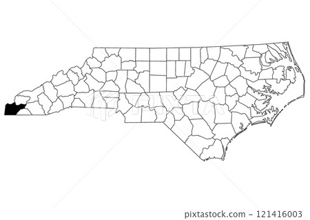 Map of Cherokee County in North Carolina state on white background. single County map highlighted by black color on North Carolina map. UNITED STATES, US Map of Cherokee County in North Carolina state on white background. single County map highlighted by black color on North Carolina map. UNITED STATES, US 121416003