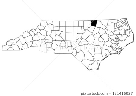 Map of Warren County in North Carolina state on white background. single County map highlighted by black color on North Carolina map. UNITED STATES, US Map of Warren County in North Carolina state on white background. single County map highlighted by black color on North Carolina map. UNITED STATES, US 121416027