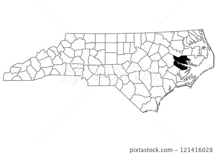 Map of Beaufort County in North Carolina state on white background. single County map highlighted by black color on North Carolina map. UNITED STATES, US Map of Beaufort County in North Carolina state on white background. single County map highlighted by black color on North Carolina map. UNITED STATES, US 121416028
