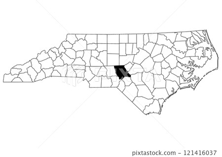 Map of Moore County in North Carolina state on white background. single County map highlighted by black color on North Carolina map. UNITED STATES, US 121416037
