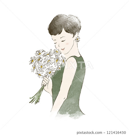 一個女人抱著一束的插圖 121416430