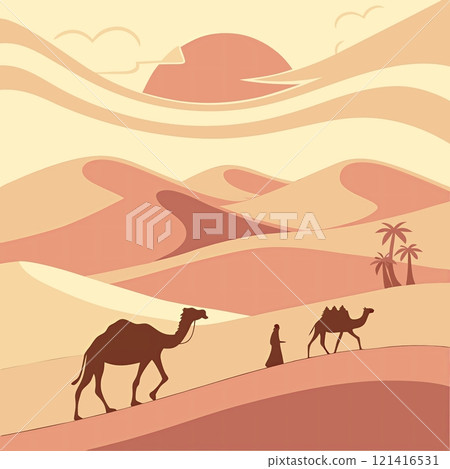 flat-design-desert-scenery-with-sand-dunes--camels 121416531