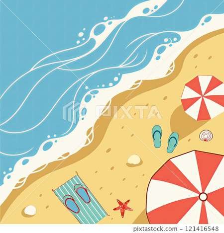 Relaxing Beach Scene with Waves and Umbrellas Relaxing Beach Scene with Waves and Umbrellas 121416548