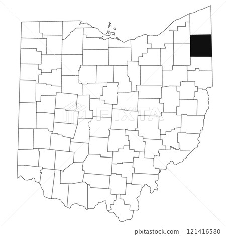 Map of Trumbull County in Ohio state on white background. single County map highlighted by black colour on Ohio map. UNITED STATES, US 121416580