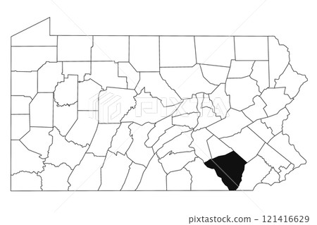 Map of Lancaster County in Pennsylvania state on white background. single County map highlighted by black colour on Pennsylvania map. UNITED STATES, US 121416629