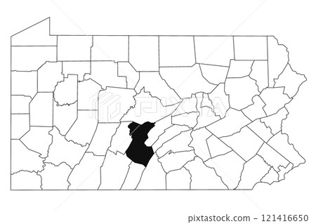 Map of Huntingdon County in Pennsylvania state on white background. single County map highlighted by black colour on Pennsylvania map. UNITED STATES, US 121416650