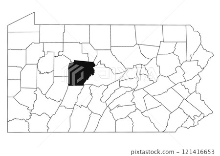 Map of clearfield County in Pennsylvania state on white background. single County map highlighted by black colour on Pennsylvania map. UNITED STATES, US 121416653