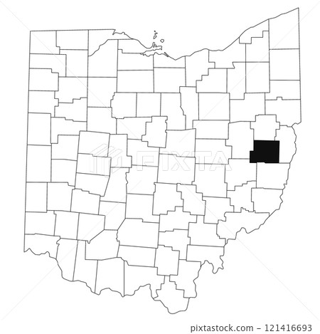 Map of Harrison County in Ohio state on white background. single County map highlighted by black colour on Ohio map. UNITED STATES, US 121416693