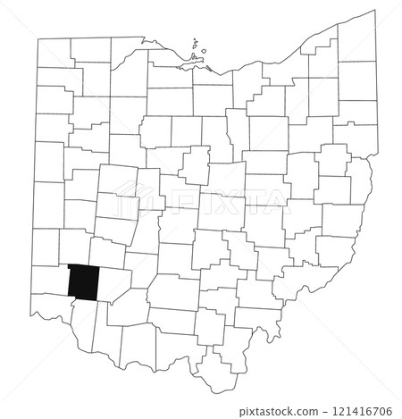 Map of Warren County in Ohio state on white background. single County map highlighted by black colour on Ohio map. UNITED STATES, US 121416706