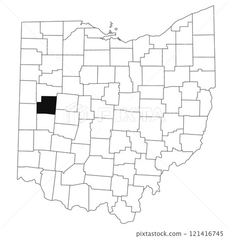 Map of Shelby County in Ohio state on white background. single County map highlighted by black colour on Ohio map. UNITED STATES, US Map of Shelby County in Ohio state on white background. single County map highlighted by black colour on Ohio map. UNITED STATES, US 121416745