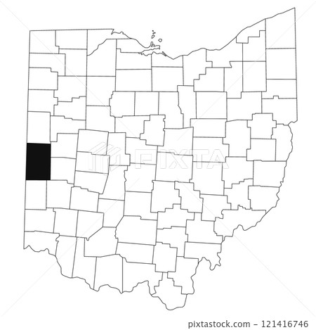 Map of Darke County in Ohio state on white background. single County map highlighted by black colour on Ohio map. UNITED STATES, US 121416746