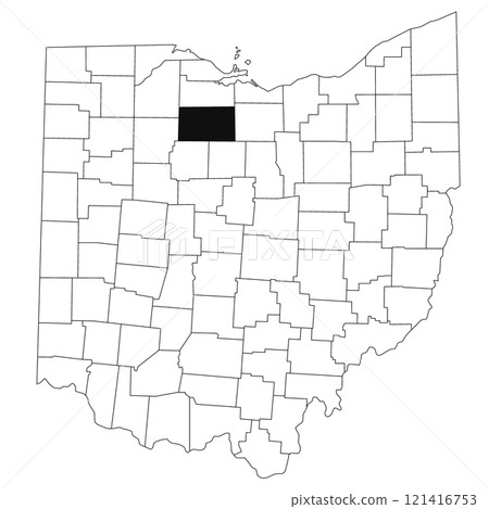 Map of Seneca County in Ohio state on white background. single County map highlighted by black colour on Ohio map. UNITED STATES, US 121416753