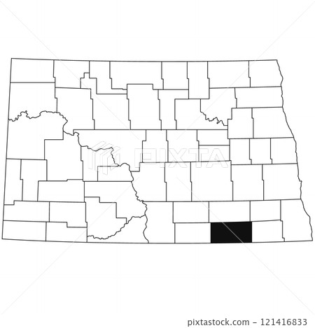 Map of Dickey County in North Dakota state on white background. single County map highlighted by black colour on North Dakota map . 121416833