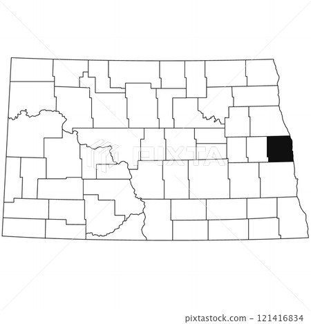 Map of traill County in North Dakota state on white background. single County map highlighted by black colour on North Dakota map . 121416834