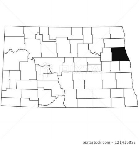 Map of grand forks County in North Dakota state on white background. single County map highlighted by black colour on North Dakota map . 121416852