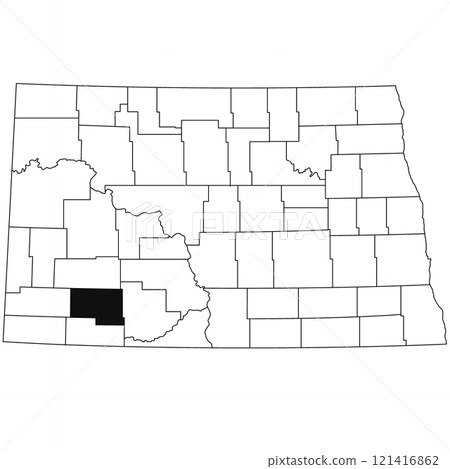 Map of hettinger County in North Dakota state on white background. single County map highlighted by black colour on North Dakota map . 121416862
