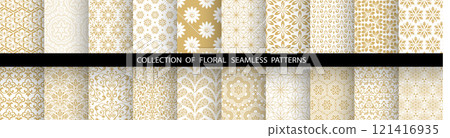Geometric floral set of seamless patterns. White and golden vector backgrounds. Damask graphic ornaments 121416935