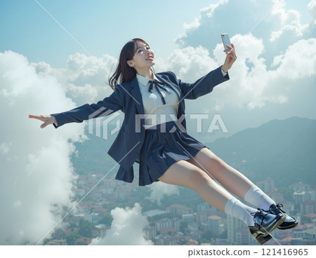 帶著智慧型手機漂浮在藍天上的高中女孩 121416965