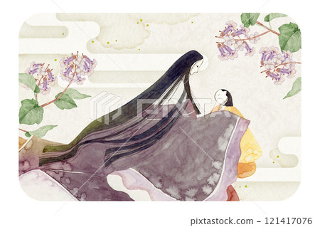 Tale of Genji, Murasaki Shikibu, 1st volume, Kiritsubo, watercolor illustration 121417076