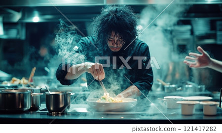 Professional Chef Creating a Signature Dish in a Modern Restaurant Kitchen with Culinary Flair 121417282