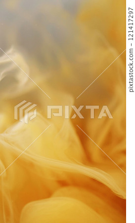 Shimmer liquid. Dust magic. Defocused bright yellow cloud paint ink mist vortex vapor steam moving on abstract art background. Shimmer liquid. Dust magic. Defocused bright yellow cloud paint ink mist vortex vapor steam moving on abstract art background. 121417297