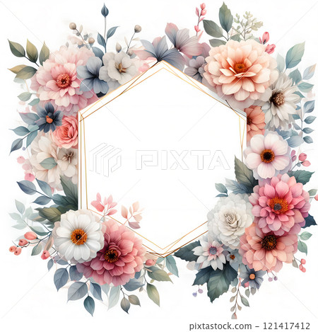 Watercolor style golden hexagonal frame and colored flower box, Lover's Day, Mother's Day, Birthday, Anniversary Day, Wedding, Romantic Love, Broad Announcement, Textile Material Piece 121417412