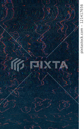 Glitch overlay. Analog TV noise. Screen distortion texture. Red green blue color glowing static artifacts wave lines pattern dark art illustration abstract background. 121417656