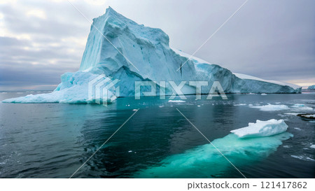 A large iceberg floating in the ocean. Created with Generative AI. 121417862