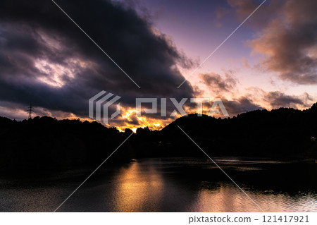 2024年底隆冬布諾米水壩夜景,湖面倒映著天空,天空由金黃轉為紫紅色⑦ 2024年底隆冬布諾米水壩夜景,湖面倒映著天空,天空由金黃轉為紫紅色⑦ 121417921