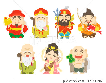 一組七財神（大黑天、十郎神、毗沙門天、惠比壽天、福祿壽、弁財天、布袋王）的像素藝術插圖 121417960