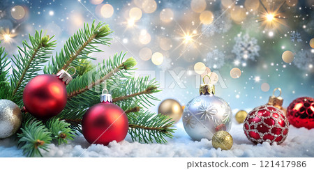 Christmas background with Christmas tree and baubles and ice crystals. 121417986