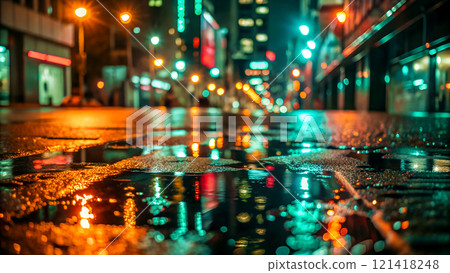 Close-up of wet asphalt road in a city at night reflected of colorful lights from buildings and streetlamps. Created with Generative AI. 121418248