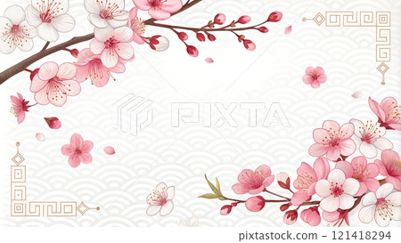 Cherry blossom flower branch border. frame with copy space at middle. Cherry blossom flower branch border. frame with copy space at middle. 121418294