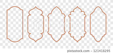 Shape Islamic Door and Windows. Set of beige Muslim frames. Outline Moroccan gates on transparent background. Vector illustration in oriental style Shape Islamic Door and Windows. Set of beige Muslim frames. Outline Moroccan gates on transparent background. Vector illustration in oriental style 121418295