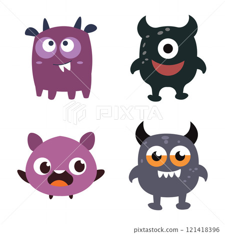 Set of Cute Scary Horned Monster Mascot Cartoon Character with Humor Happy Expression Set of Cute Scary Horned Monster Mascot Cartoon Character with Humor Happy Expression 121418396