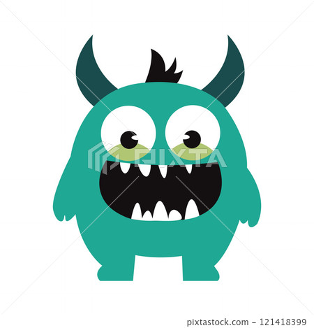 Cute Scary Horned Green Monster Mascot Cartoon Character with Happy Expression 121418399