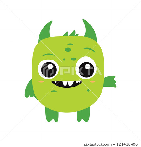 Cute Scary Horned Green Monster Mascot Cartoon Character with Happy Expression 121418400