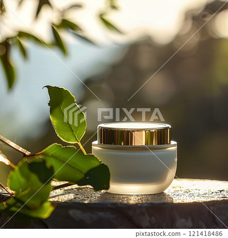 Cosmetic cream in a glass jar. Skin care concept. Background for beauty products Cosmetic cream in a glass jar. Skin care concept. Background for beauty products 121418486