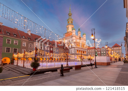 Colorful Facades and Ice Rink at Dawn, Poznan, Poland 121418515