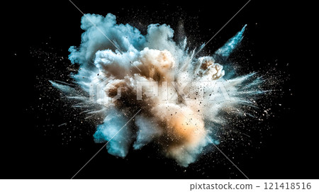 Big colorful explosion with smoke and debris flying on black background 121418516