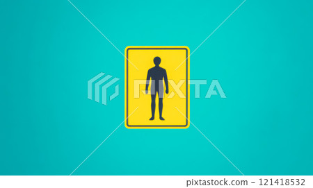 Yellow male restroom sign on turquoise background representing gender and accessibility 121418532